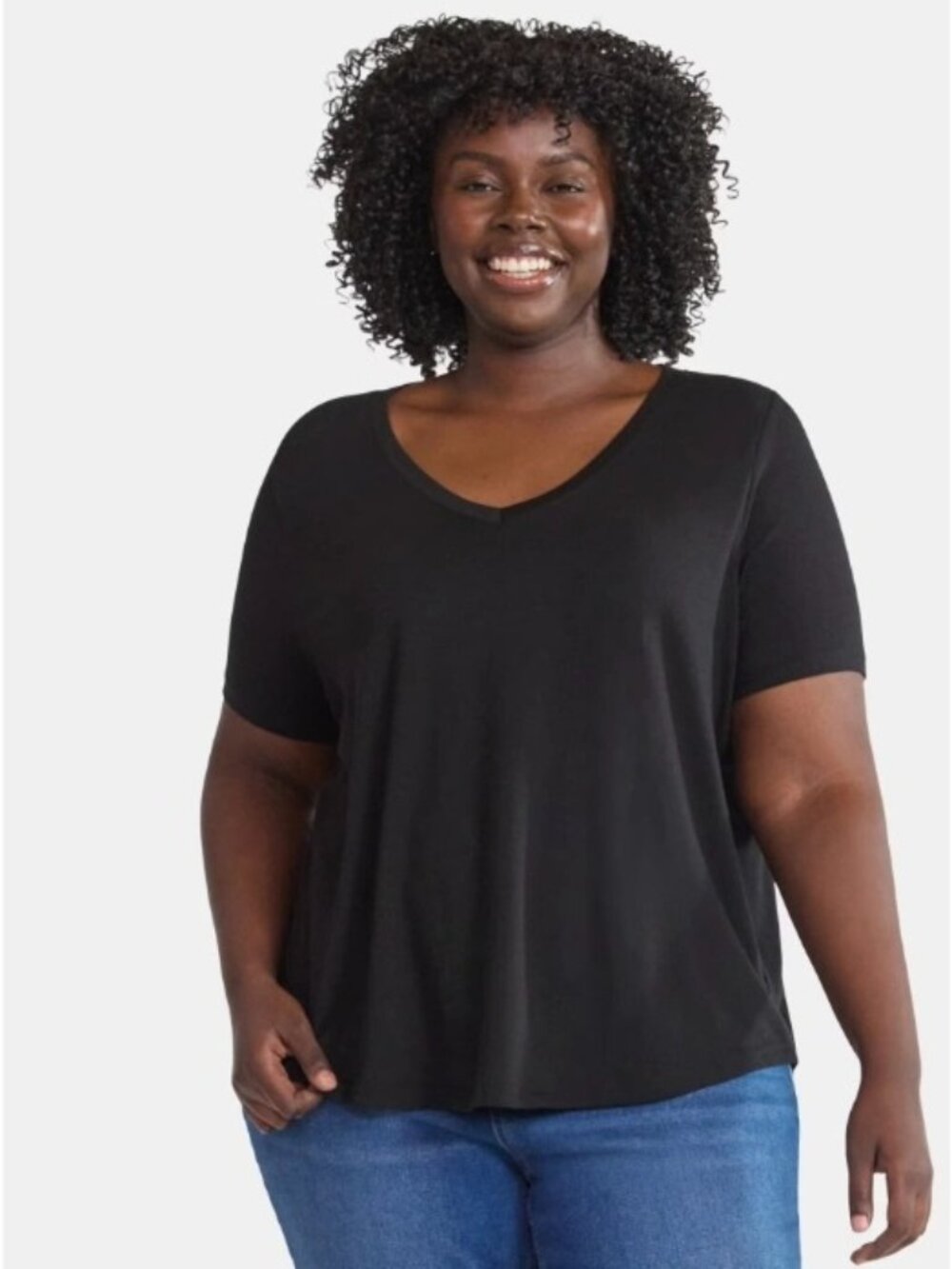 Terra & Sky Womens Plus V-Neck Black Tee Tshirt Short Sleeves Size 28W 30W 4X